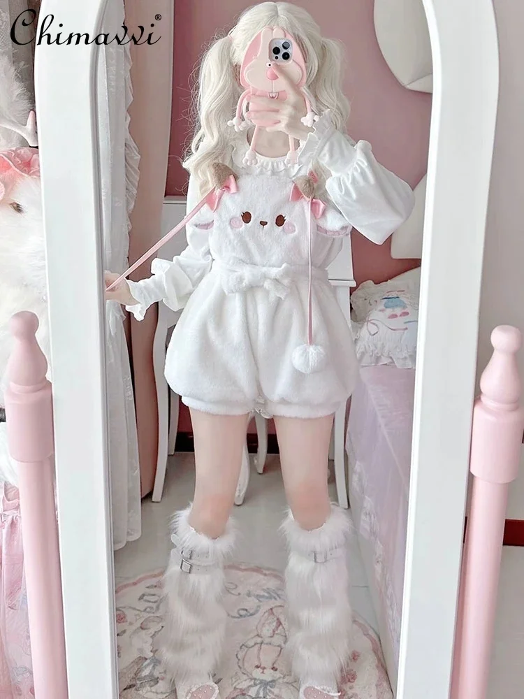 

Оригинальные милые брюки с бутонами медведя, милые штаны Kawaii Lolita Bud для девочек, плюшевые зимние комбинезоны в стиле Лолиты и внутренняя рубашка, женская одежда