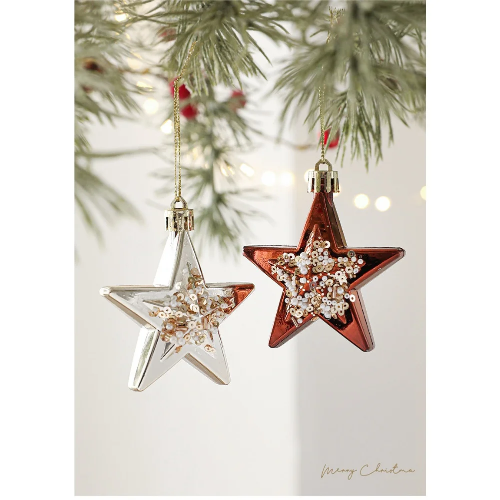 Festive Tree Decorations Coffee-brown Silver Christmas Star Ornaments Electroplated Glossy Finish Embedded Sequin Design