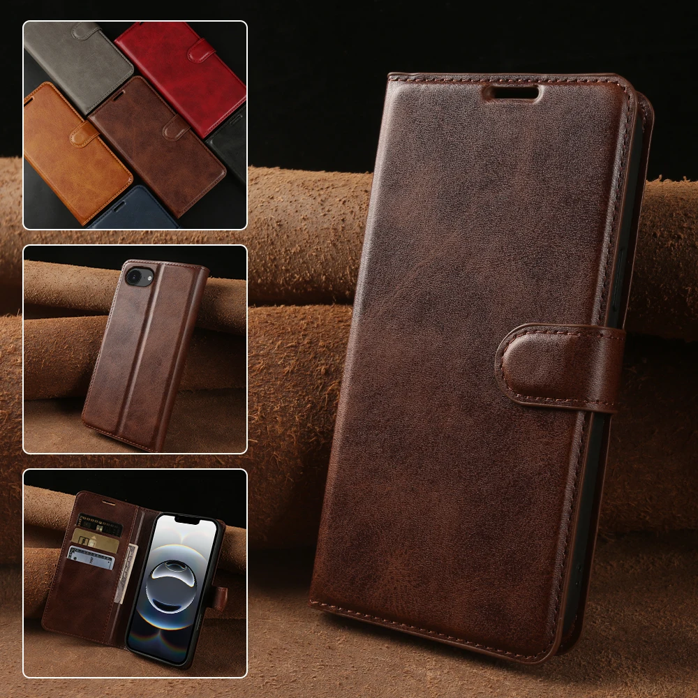Luxury Calfskin Leather Flip Case For iPhone 17e 16e Air 16 17 Pro Max 15 Plus 13 12 Mini Phone Case Cover Coque Funda Shell Bag
