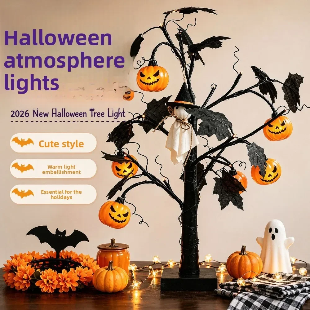 Halloween Tabletop Spooky Tree with Pumpkin Ghost Bat Ornaments,Black Dead Tree Halloween Desktop Decor Home Party Decoration
