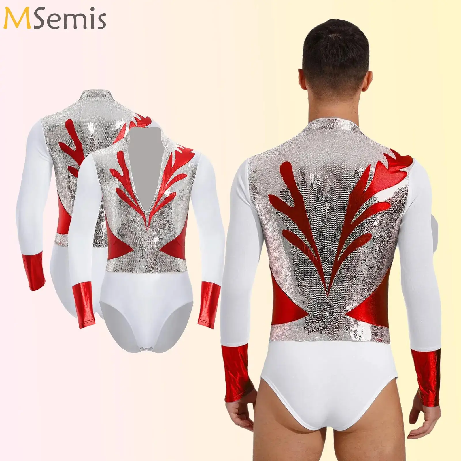 

Men Figure Skating Performance Costume Long Sleeve Rhinestone Jumpsuits Leotard for Ballet Dance Gymnastics Acrobatics Unitards