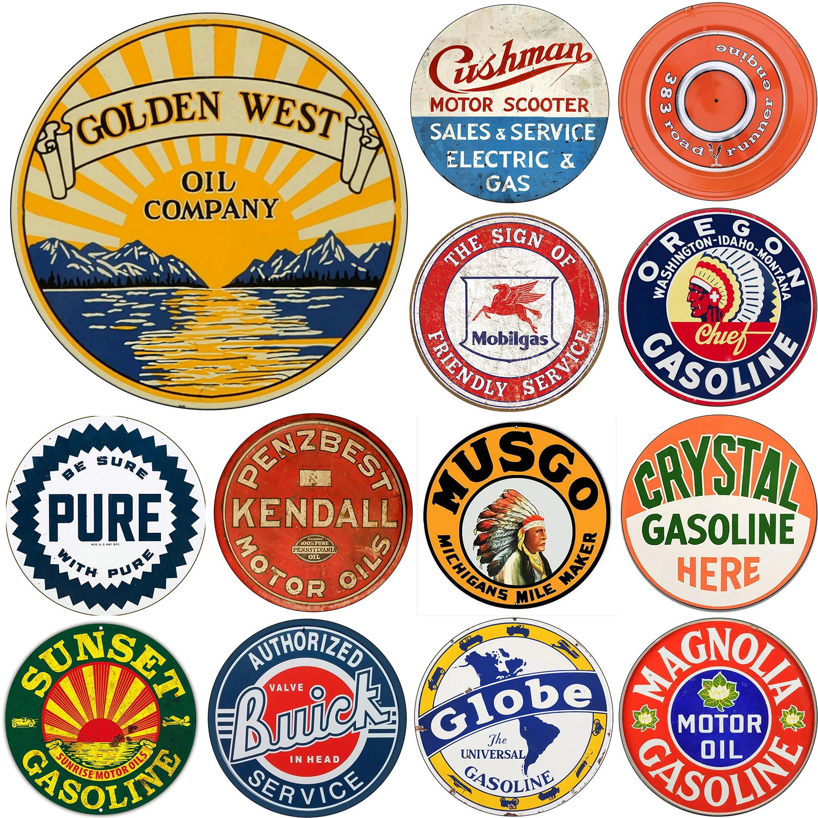 Reproduction Mobiloil Vintage Round Metal Tin Signs Gas Oil Car Metal Signs for Garage Station Man Cave Bar Retro Wall Decor