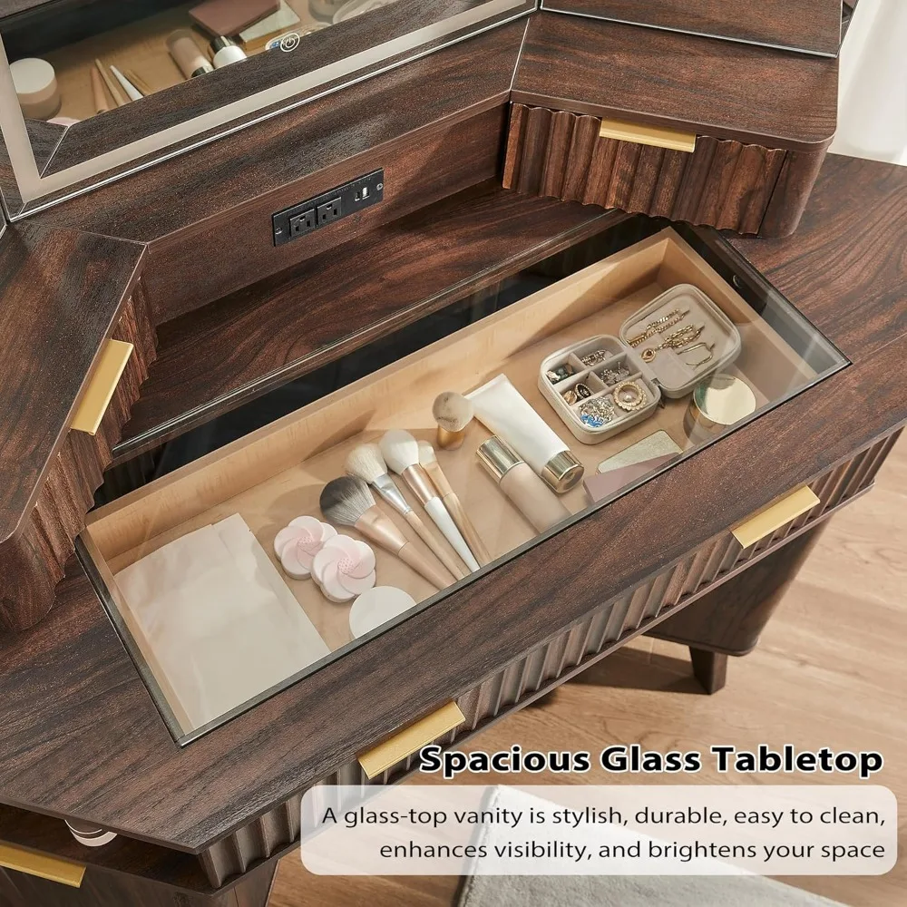 Mesa de canto de 48 polegadas com design canelado, espelho de 3 vias e iluminação integrada e estação de carregamento