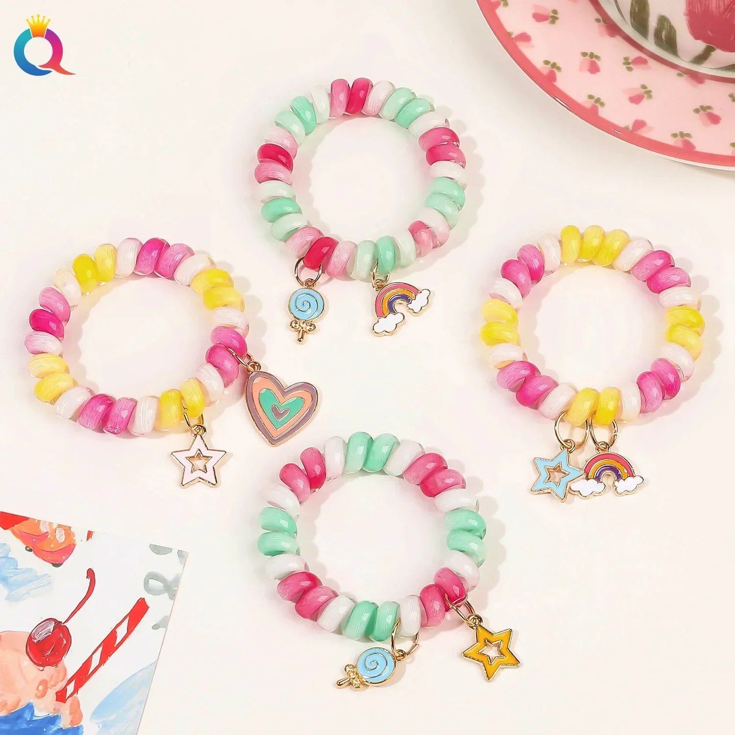 1pc High Elastic Phone Cord Hair Tie Personalized Sweet Rainbow Pendant Women's Hair Tie Holiday Party Girls Hair Accessory Gift