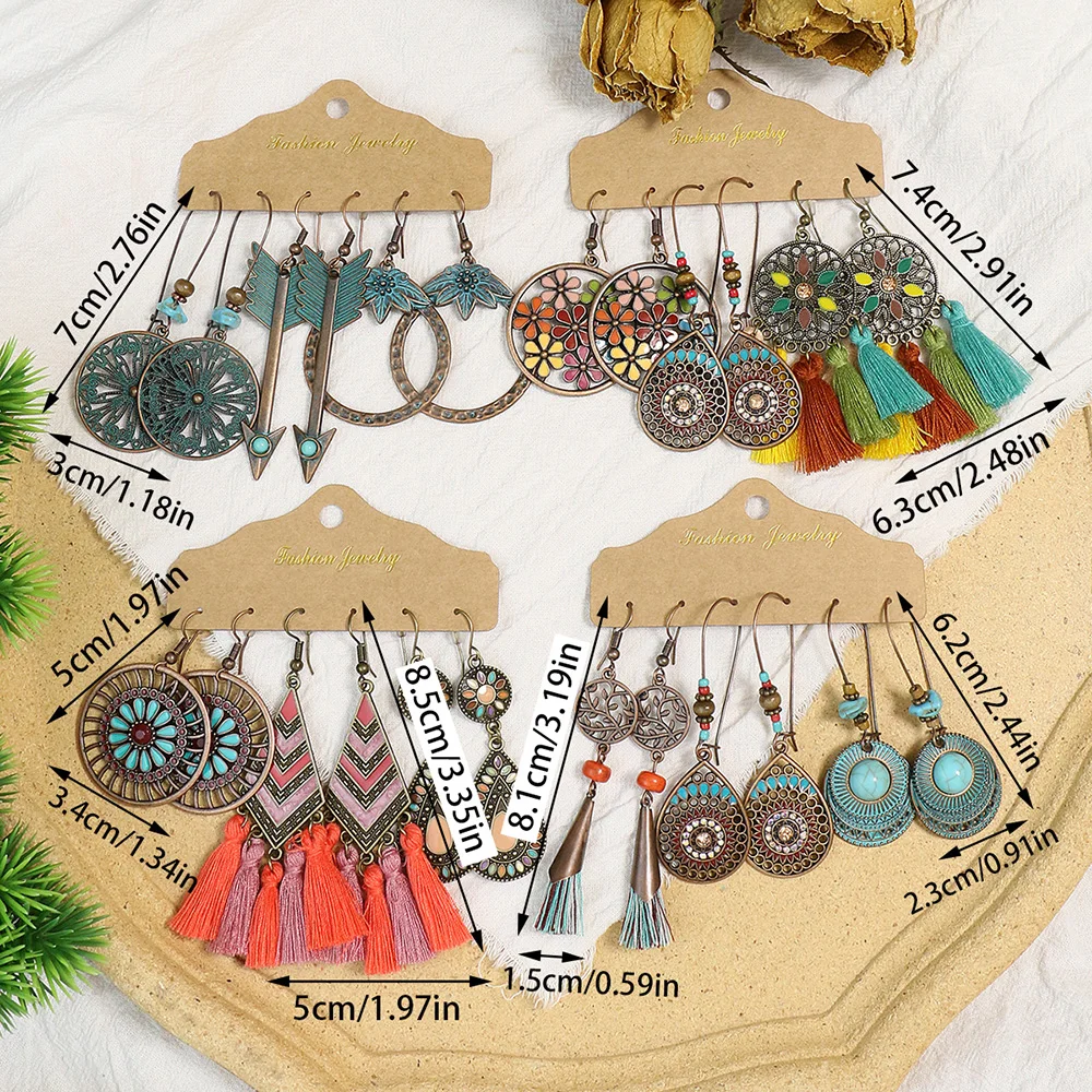 Colorful Tassels Earrings Set Ethnic Women Geometric Round Bronze Metal Drop Vintage Boho Wholesale Jewelry Party Gifts