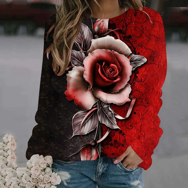 Rose Flower Sweatshirts Floral 3D Print Hoodies Women Long Sleeve Y2k Hoodie Streetwear Oversized Pullovers Top Female Clothing