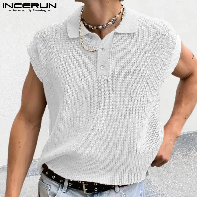 INCERUN Men Shirt Solid Color Knitted Summer Lapel Sleeveless Casual Men Clothing Streetwear 2024 Fashion Leisure Male Shirts