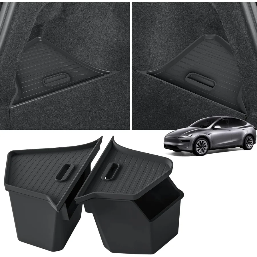 

2 Pcs Trunk Storage Bins Compatible with 2025 2026 New Tesla Model Y Juniper Rear Trunk Side Organizer with Lids Hidden Compart
