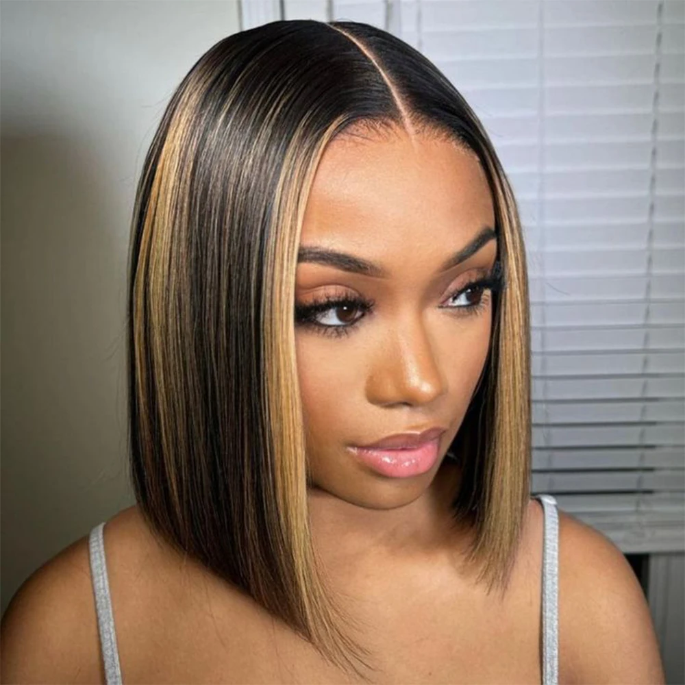 200% 1B/27 Ombre Highlight 13x4 Transparent Lace Front Human Hair Wig Pre pluck With Natural Hairline Straight Short Bob Wig