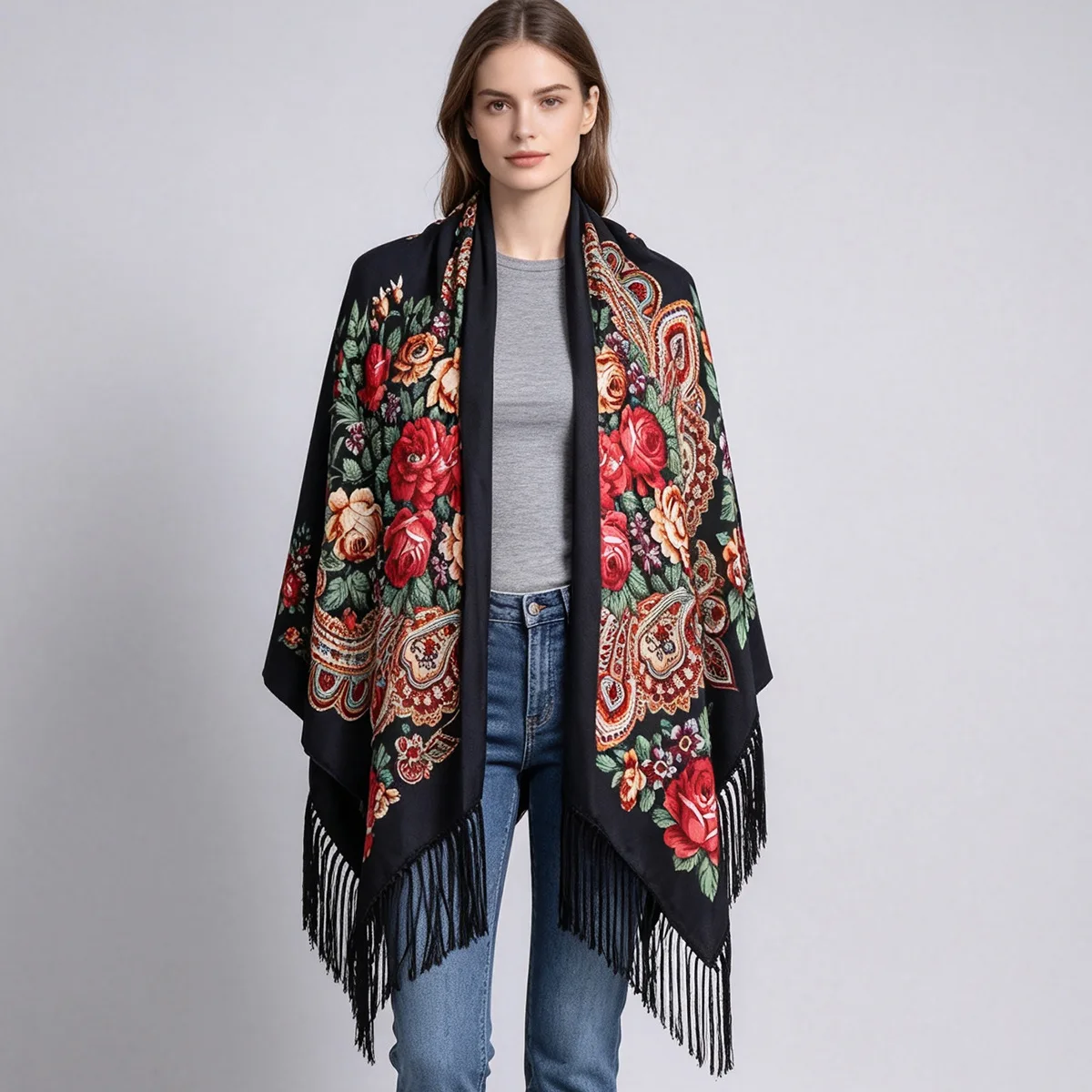 Russian Style Floral Print Women's Scarf Ukrainian Fringed Scarves Autumn Winter Babushka Handkerchief Head Wraps Travel Shawl