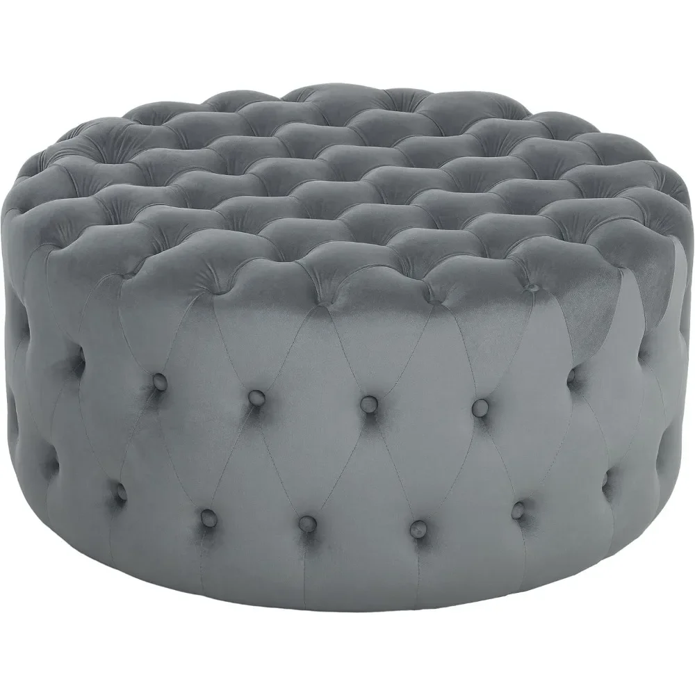 

31.5" Round Ottoman, Large Velvet-Feel Upholstered Foot Stool with Button Tufted Design and Padded Seat for Living Room,