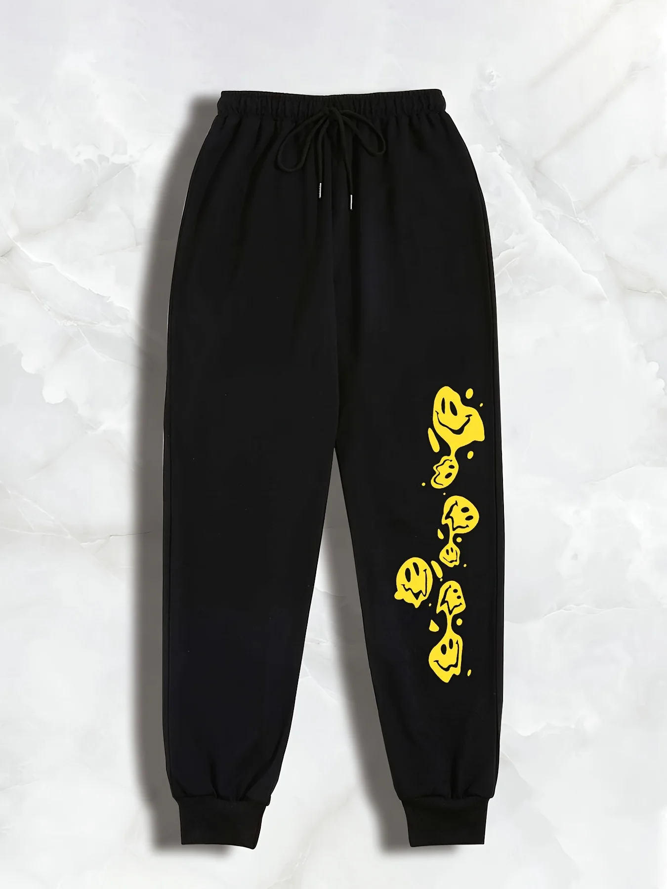 Fashion Casual Female Sports Sweatpants Smile Print Slant Pocket Elastic Waist Pants Jogger Drawstring Loose Women's Long Pant