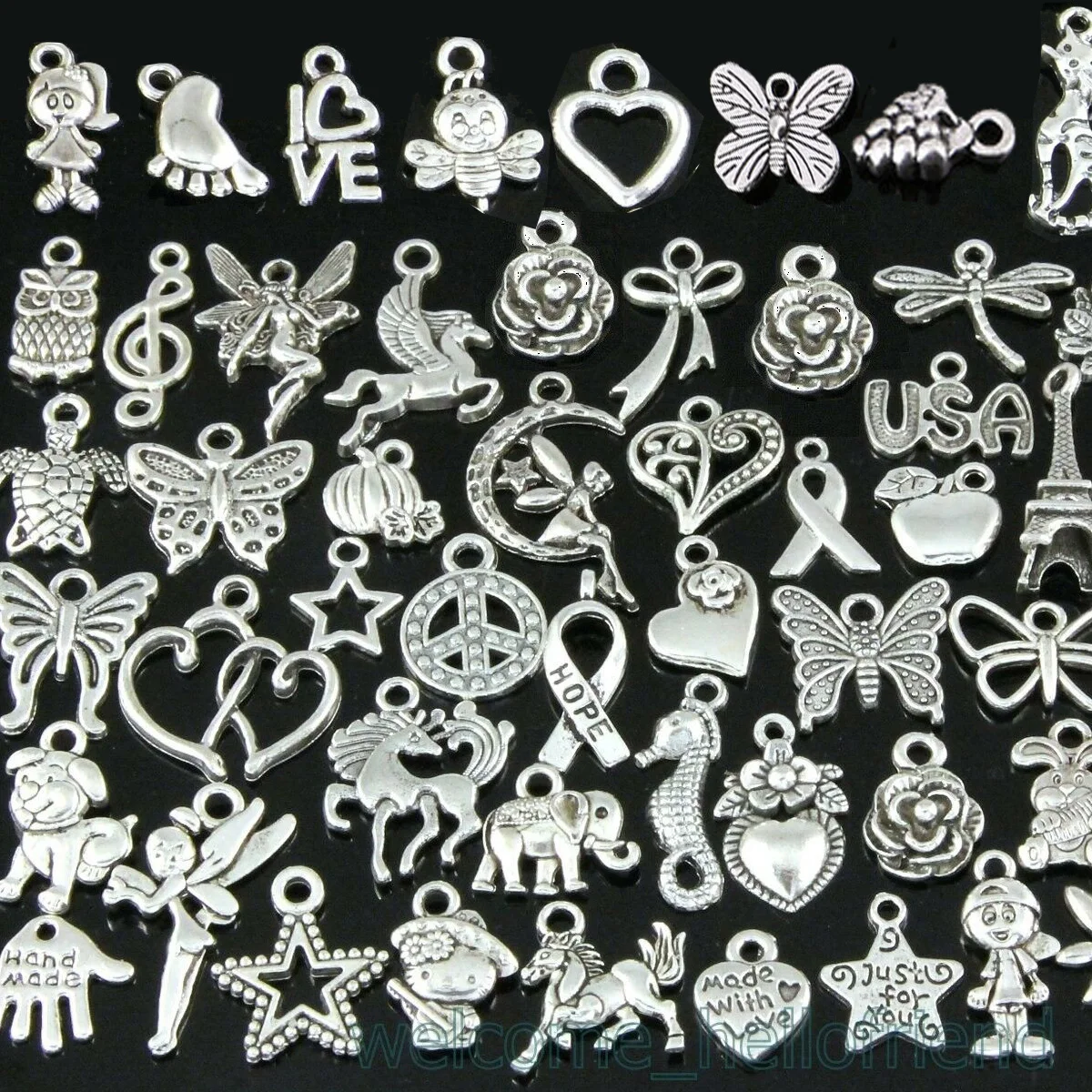 50/100pcs Mixed Tibetan Silver Charms Diy Silver Beads Accessories Heart Shape Cross Pendant Starfish Elephant Metal Charm Etc.