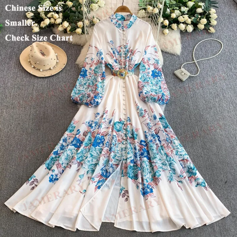 Camicia maxi abito floreale da passerella da donna monopetto con stampa palazzo design manica intera abiti lunghi a fiori per le vacanze di marca nazionale