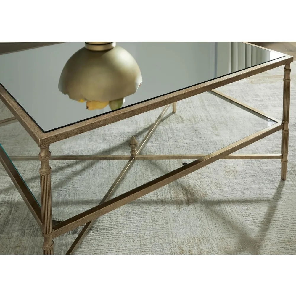 Cloverty Mid-Century Coffee Table with 1 Glass Shelf and Embellished Legs, Metallic