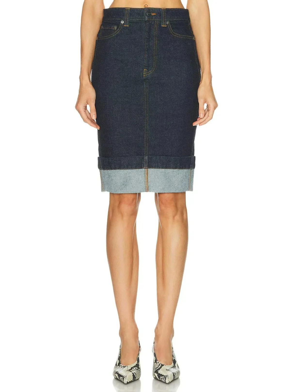 Deep Blue High Waist Cuffed Slimming Denim Skirt New Personality Back Split Wrap around Skirt mid Length Ladies Fashion