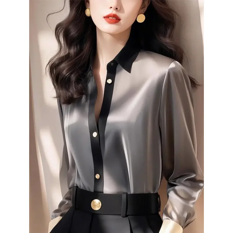 

French Fashionable and Versatile Satin Long-sleeved Shirt Women's Spring and Summer Versatile Button Cardigan Shirt female