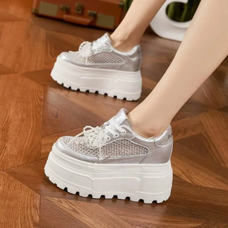 New 10cm Air Mesh Microfiber Leather Summer Women Casual Vulcanize Platform Wedge Sneaker Hidden Heel Bling Shoe Chunky Sneakers