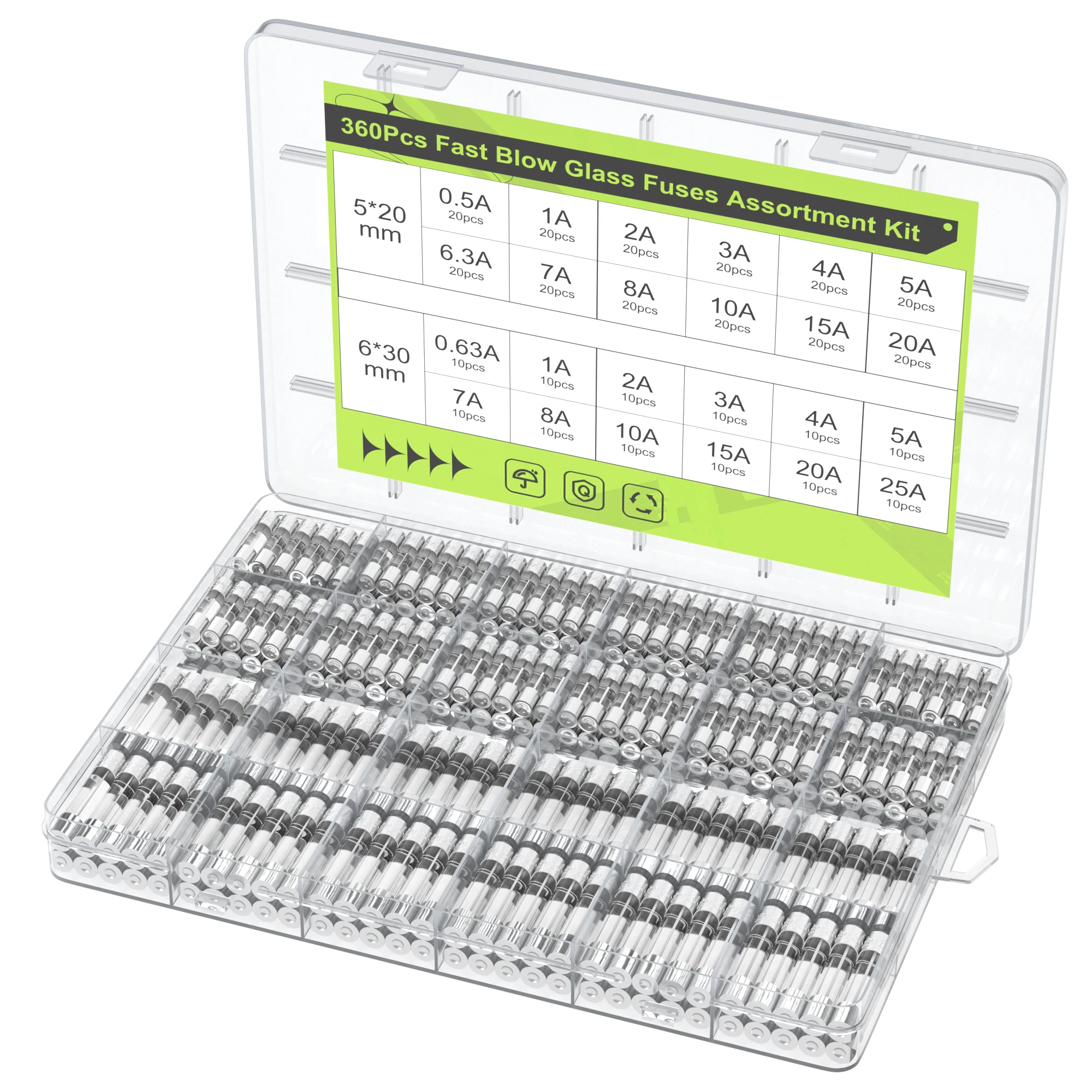 DaierTek 고속 블로우 유리 퓨즈 모음 키트, 24 값 자동 퓨즈 모음 키트, 250V, 5x20mm, 6x30mm, 360 개