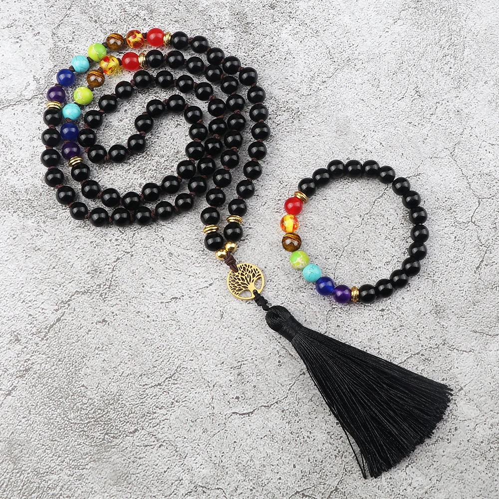 Shiny Black Onyx Tree of Life Necklaces Reiki 7 Chakra Beaded Bracelets&Bangles Women Men Handmade Tassel Yoga Gift Jewelry Set