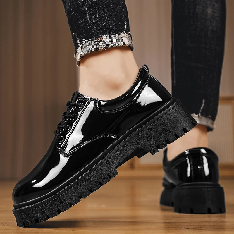Schwarze Herren-Freizeitschuhe aus Lackleder, Plateau-Schnürschuhe, Business-Schuhe, Büro-Arbeitsschuhe, Party-, Hochzeits- und formelle Schuhe – Detail 15