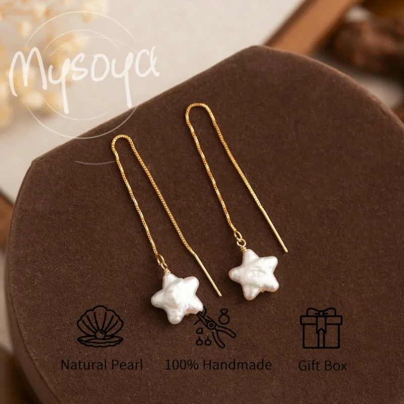 

MYSOYA серьги-подвески с белой звездой и пресноводным жемчугом 10-11 мм с подарочной коробкой для нее/него дня рождения/свадьбы/Рождества/новогоднего подарка