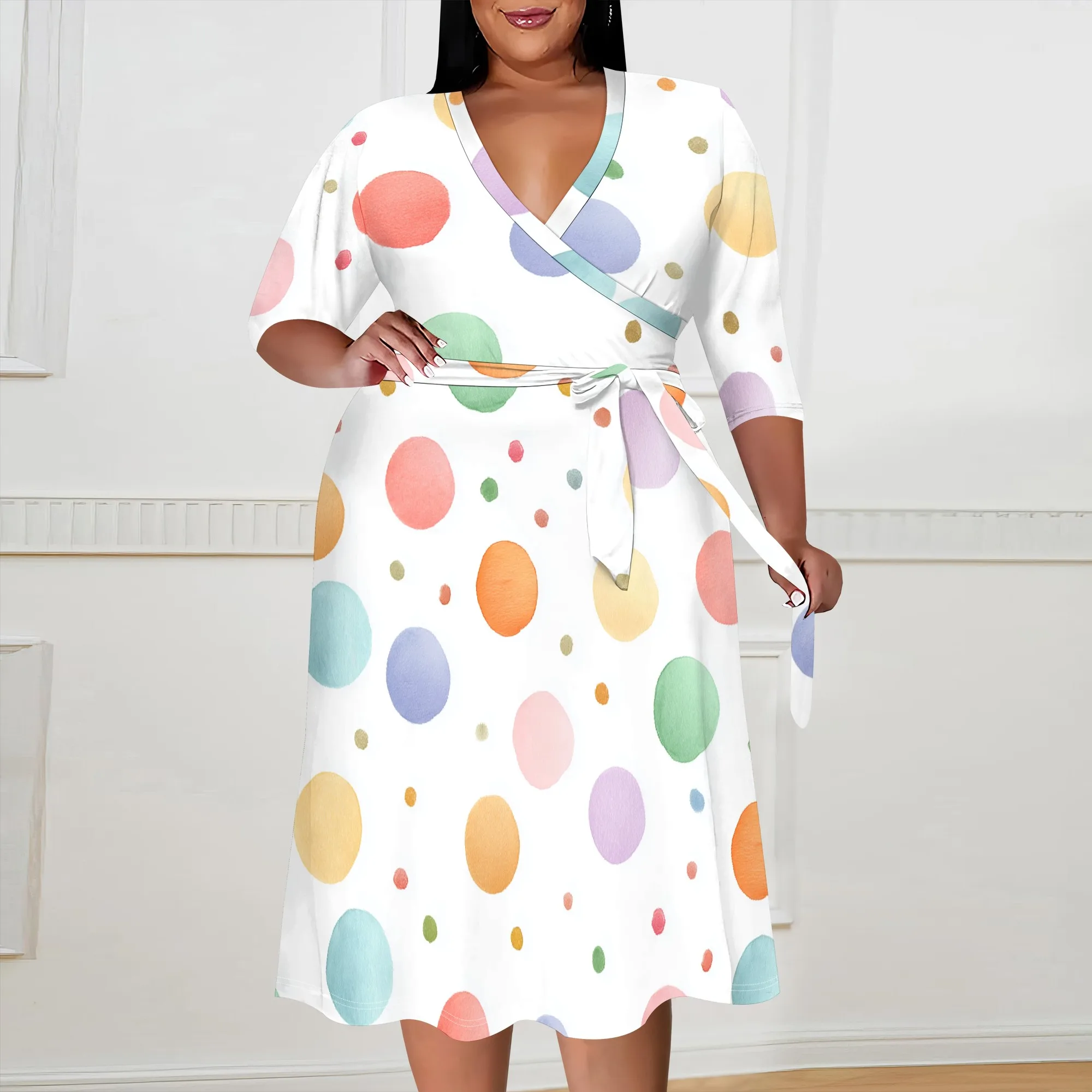 

Plus Size Women's V-Neck Wrap Dress 3/4 Sleeve Tie Waist Watercolor Polka Dot Print Summer Casual Dress XL-6XL