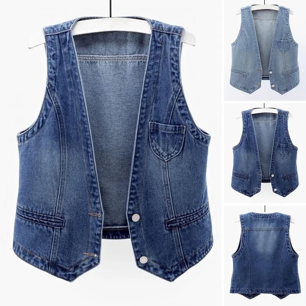 Women Long-sleeved Jacket Vintage Denim Vest with V Neck Double Buttons for Women Hop Streetwear Waistcoat for Fall Spring