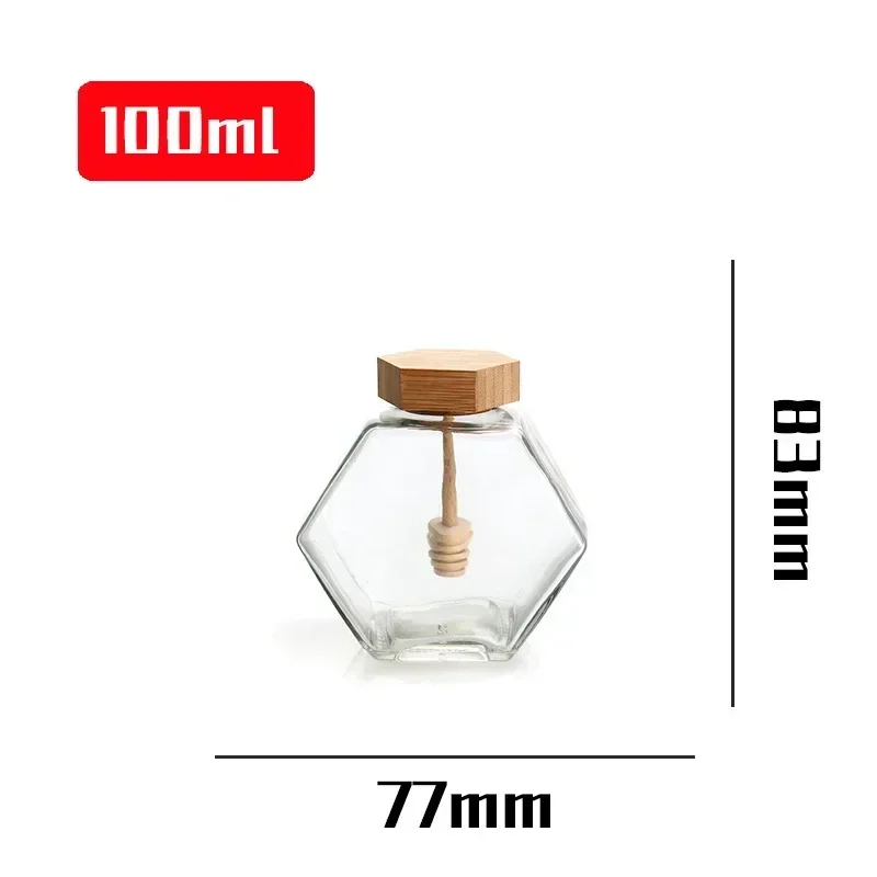 100ml/380ml Bamboo Wood Cover Hexagonal Glass Jar with  Stirring Dipper Hexagon Honey Container 100ml Iron Cap Storage Bottle