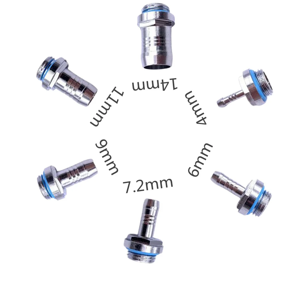 6pcs PC Water Cooling Barb Fitting Two-Touch Fitting G1/4 Thread Barb Connector for Computer Cooling System 4/6/7.2/9/11/14mm