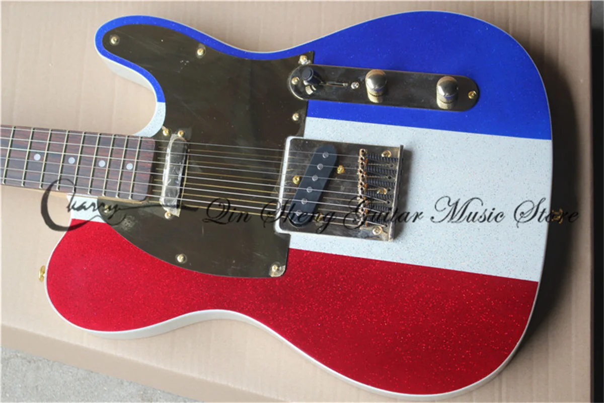 6 string electric guitar,tel guitar red sliver blue flash powder particles body,gold bridge,gold pickgurad