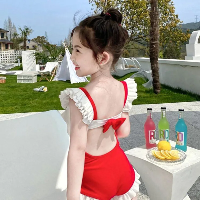 2022 New Arrival Summer Girl Princess Sweet Polyester One Piece Swimsuit Sleeveless Ruffles Backless Swimwear Bathing Suit 1-9Y