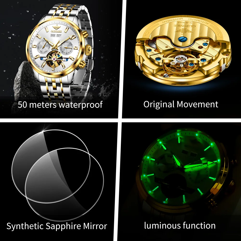 OUPINKE 3296 Automatic Men Watch Fashion Waterproof Hollow Mechanical Watch For Men Steel Strap Auto Date Man Dress Wristwatch