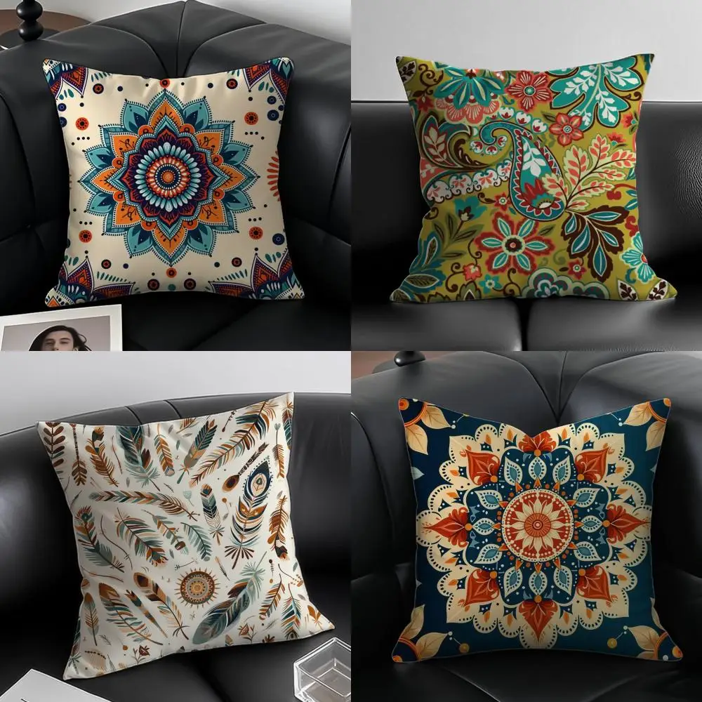 Boho Pattern Ethnic Art Cushion Cover Pillow Case Anti-dustmite Invisible zipper silky plush cushion