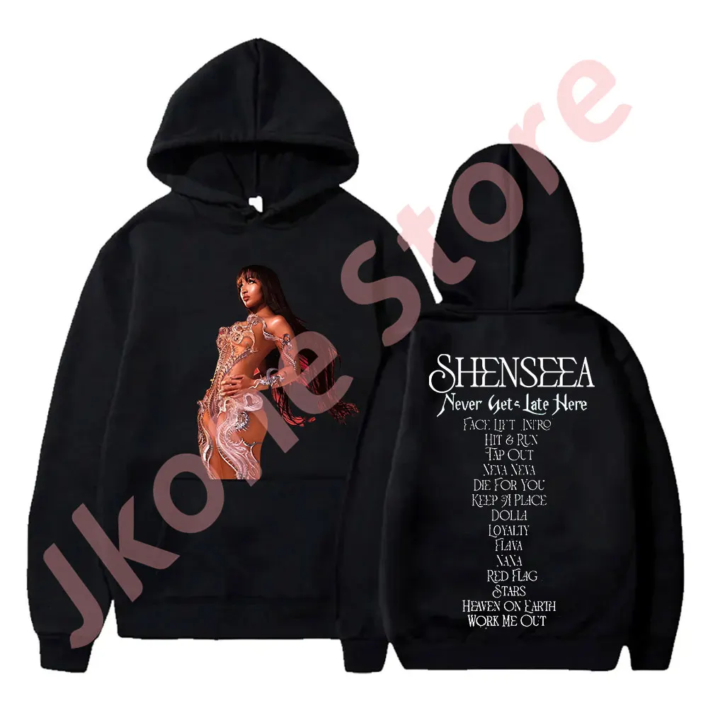 Толстовки Shenseea никогда не опаздывает здесь, Merch, косплей, женская, мужская мода, повседневная Уличная одежда, свитшоты