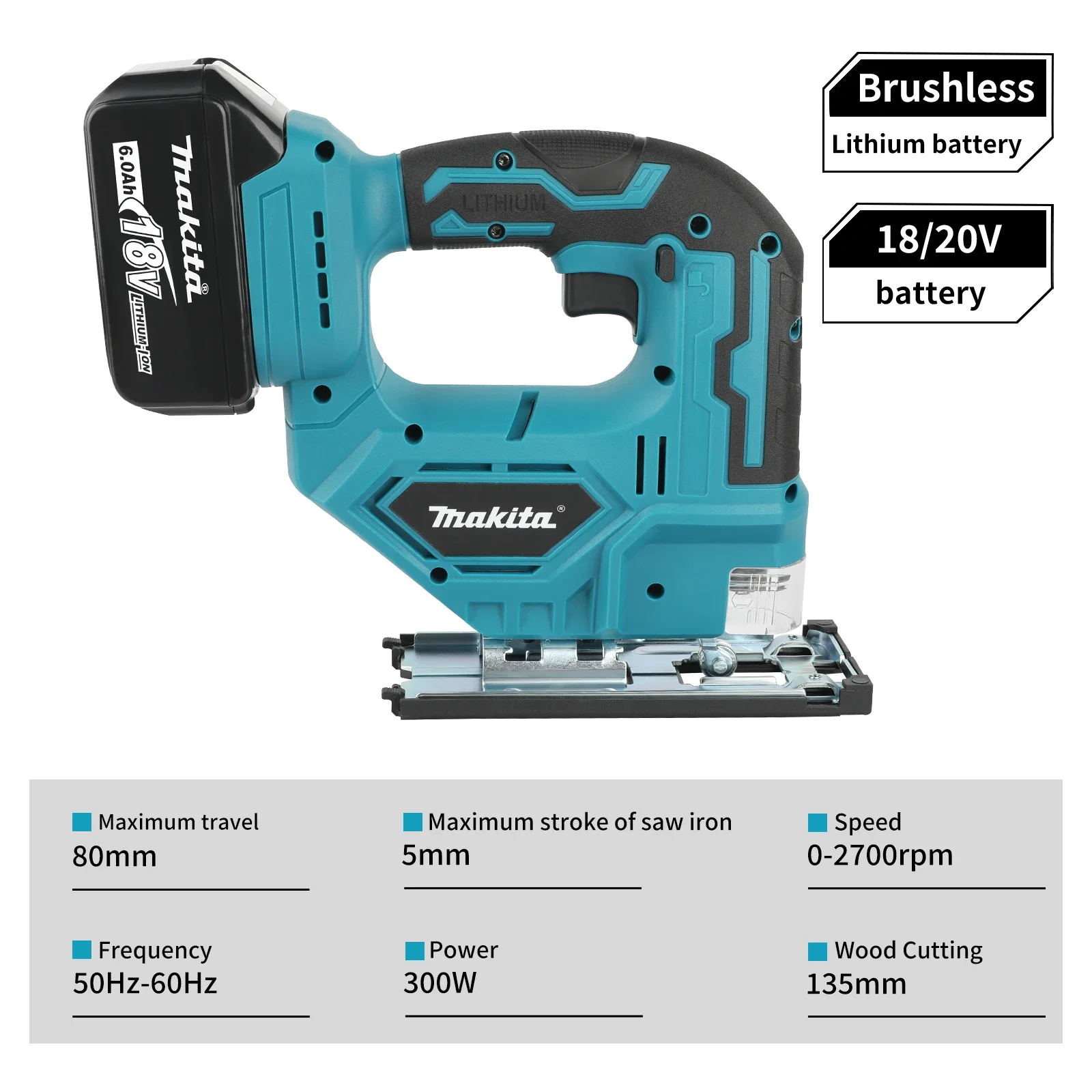 Serra de vaivém sem fio Makita DJV182: 18 V, 300 W, 0-2700 rpm, curso de 80 mm, ± 45 °   Ângulo de corte, trabalhos de ferramentas elétricas para corte de madeira/plástico/metal