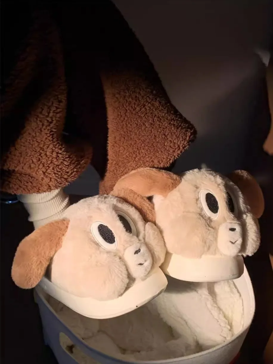 Fun Cartoon Puppy Cotton Slippers For Men And Women  Winter Couple Home Slippers Velvet Warmth Half Pack Heels