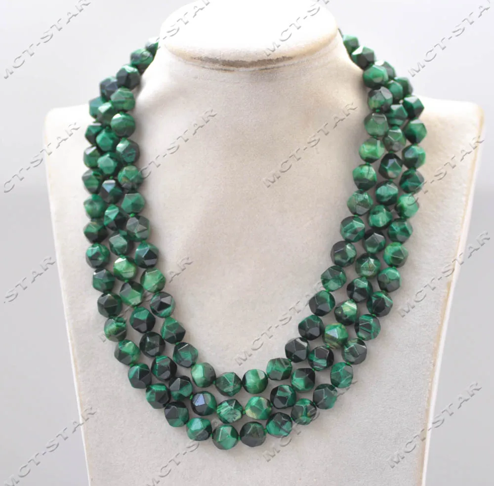 Z13134 3Row 18'' 10mm Green Round Faceted Malachite Tiger's Eye Gemstone Necklace CZ