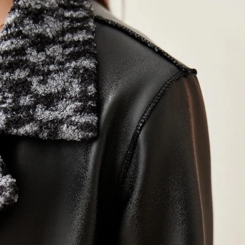 High-End Imitation Sheepskin Leather Coat Spring Autumn Winter Splicing Fashion Double Sided Wearing Windbreaker Outerwear