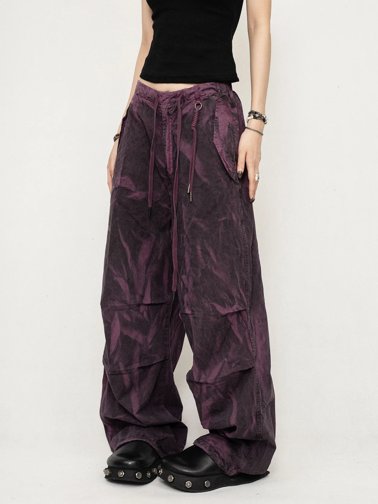 

Tie-Dyed Design Purple Wide-Leg Pants Overalls Women's Mopping Wasteland Style