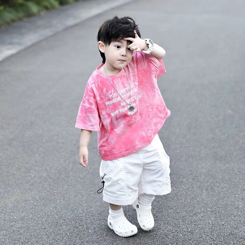 

Children's 2023 Summer Boys' Two-piece Pink Handsome Folded Shorts Sets Korean Style Streetwear Tie Dyed T-shirt Pants Suits