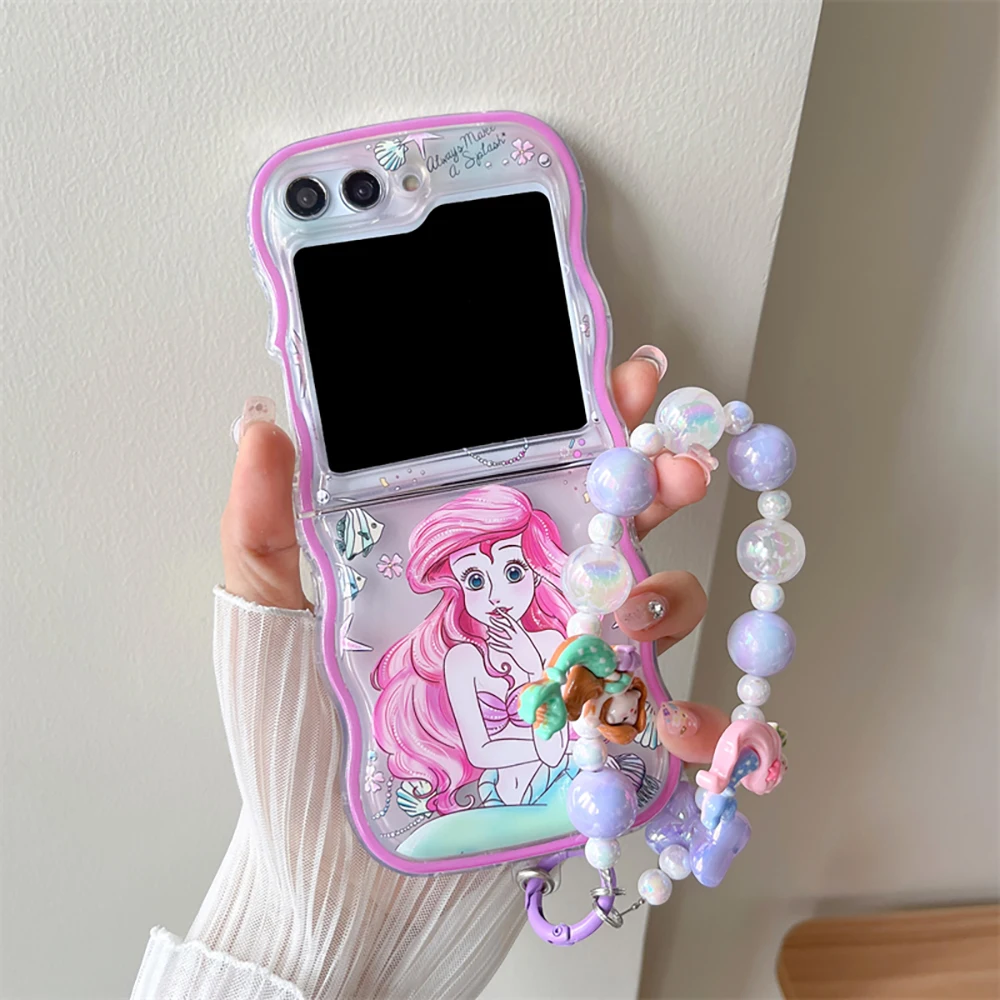 Cartoon Disneies Ariel Princess With Lanyard Phone Case for Samsung Galaxy Z Flip 3 4 Z Flip 5 6 5G PC Hard Anti-drop Wave Cover