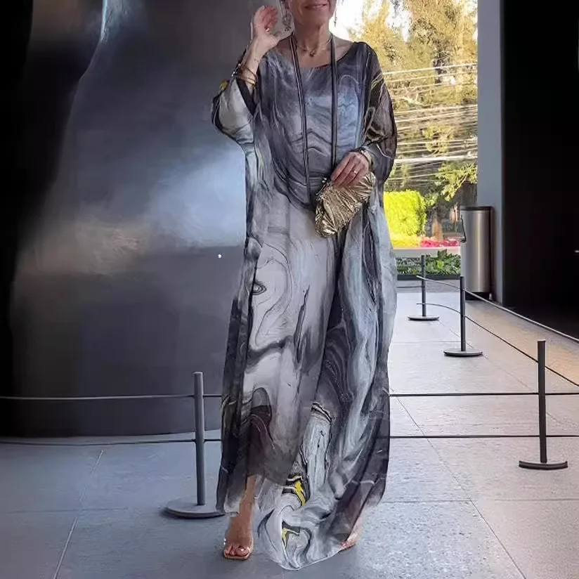 Boho Loose Long Dress Elegant Marble Texture Print Commuting Dress Spring Autumn Women Round Neck Long Chiffon Midi Dresses