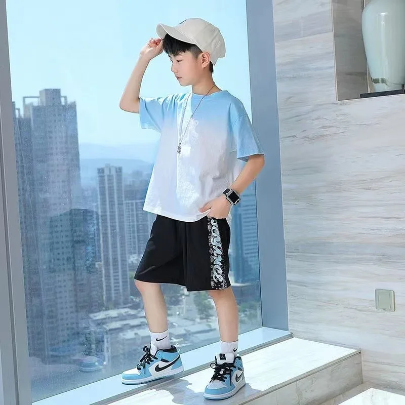 Summer Kids Clothes Boys Fashion American Style Cartoon Little Bear Gradient T Shirt Short Sleeve Tops Children's O-Neck Tees image 4