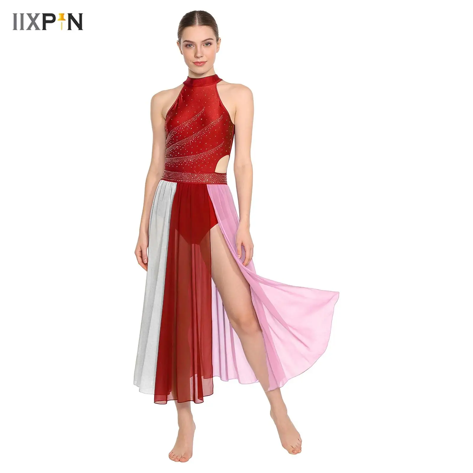 

Женский танцевальный костюм для лирического балета и фигурного катания: безрукавный леотард с накидкой-юбкой, современный, для танцев, с разрезом, макси