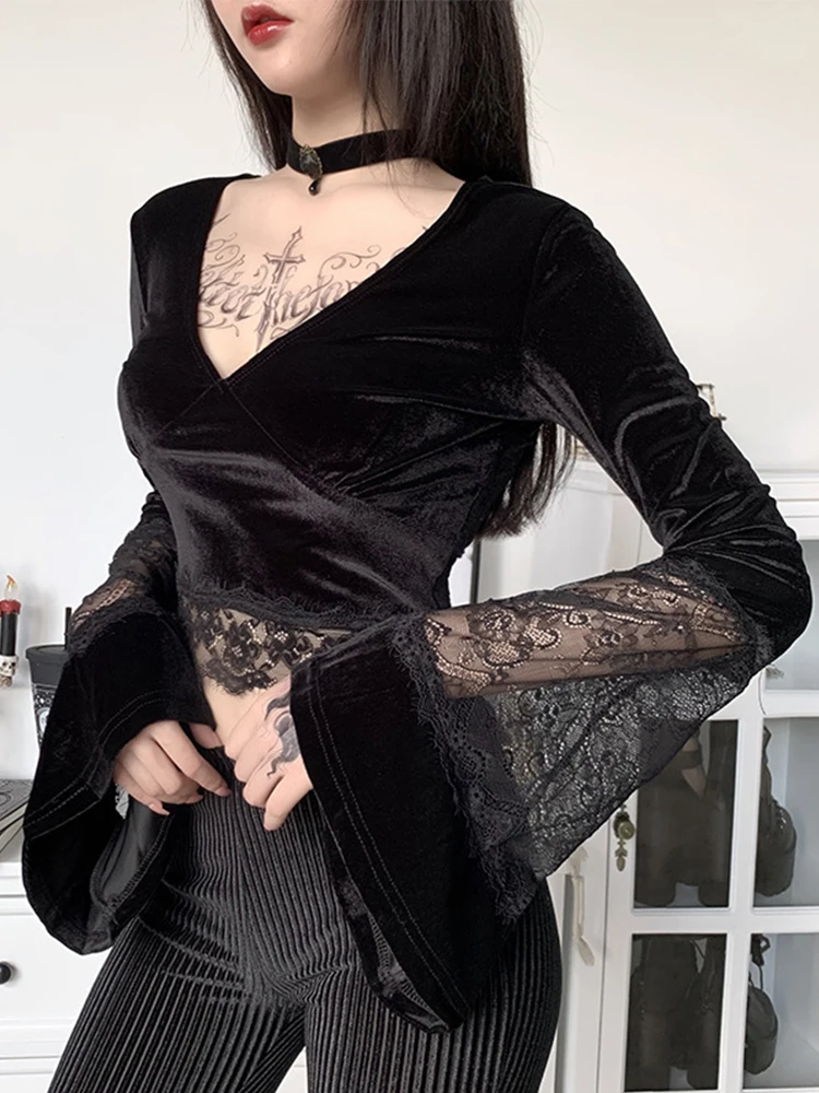 AltGoth Dark Goth Long Sleeve Tshirt Women Sexy Lace Patchwork Flare Sleeve V-neck Short Tee Tops Streetwear Black Bottom Tshirt