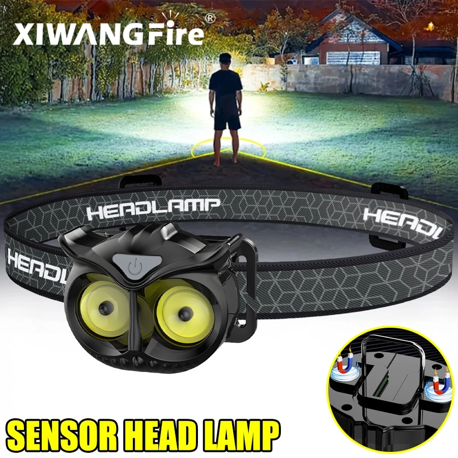 Linterna frontal COB de búho tipo C, recargable, portátil, giratoria, luz de caza, imán, linterna de cabeza Led, lámpara de cabeza de pesca