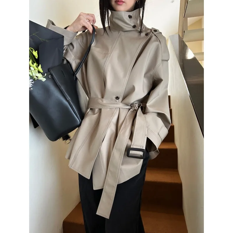 

SuperAen 2026 Весенние новые женские тренчи во французском стиле с воротником-стойкой, с завязками на талии, утягивающие, средней длины