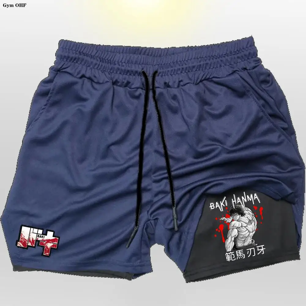 Anime Baki Hanma Herren Shorts Sport 2 in 1 Fitness studio Joggen Lauftraining atmungsaktive Fitness Doppels chicht versteckte Tasche kurze Hosen