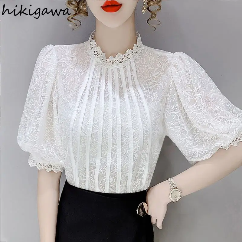 White Bloses Women 2024 Blusas Mujer De Moda Puff Sleeve Vintage Summer Tops Chic Korean Summer Lace Temperament Blouse Shirts